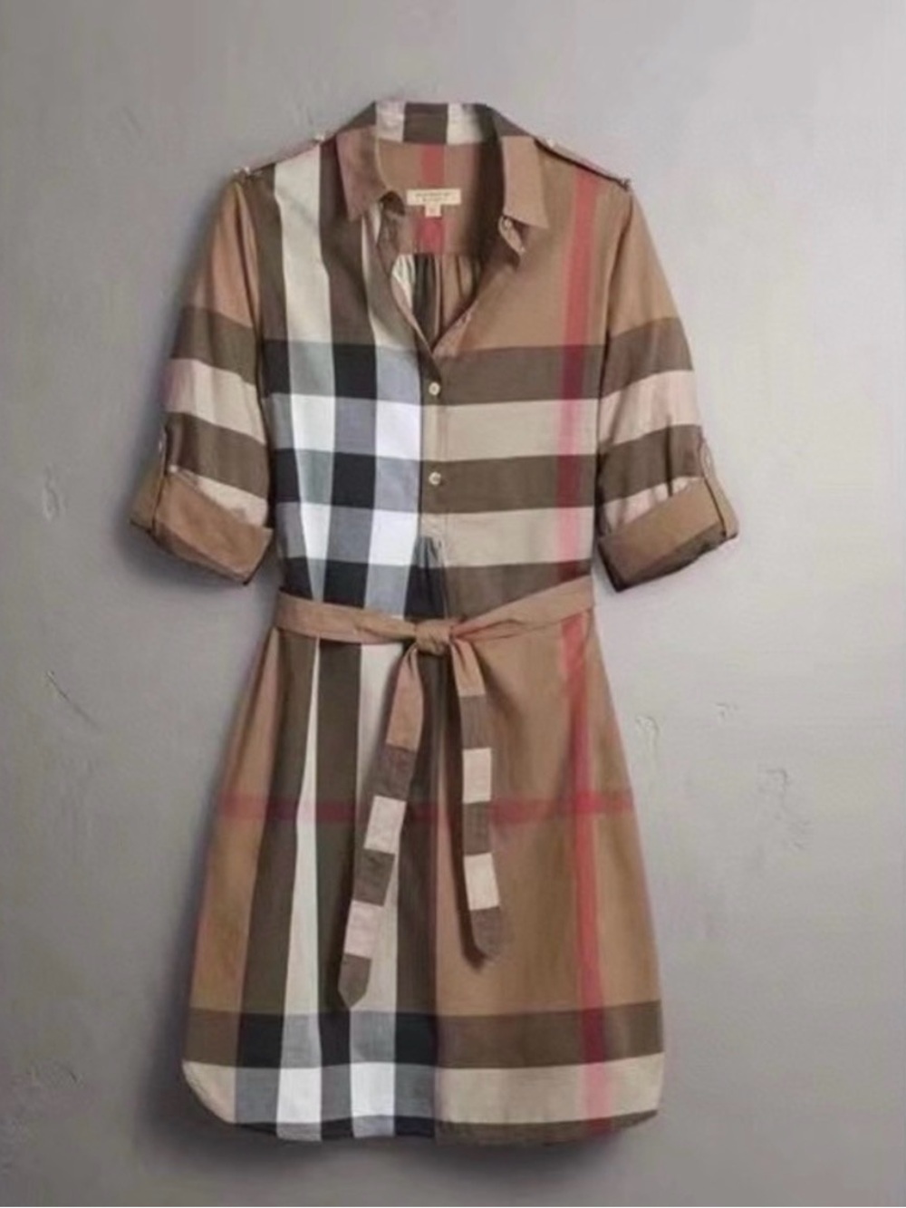 Plaid Shirt Dress with Tie Waist - Beige Plaid